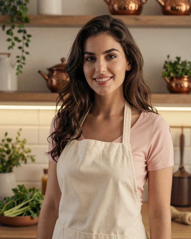 Amira, 27, a Bosnian woman from Sarajevo smiling in a warm kitchen setting