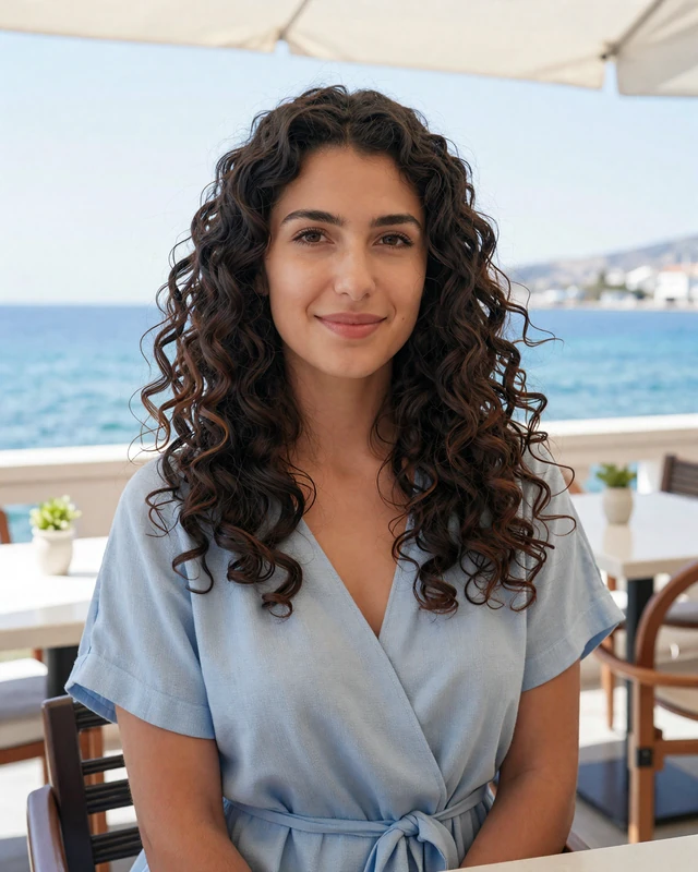 Drita, 24, an Albanian woman from Vlorë at a seaside café