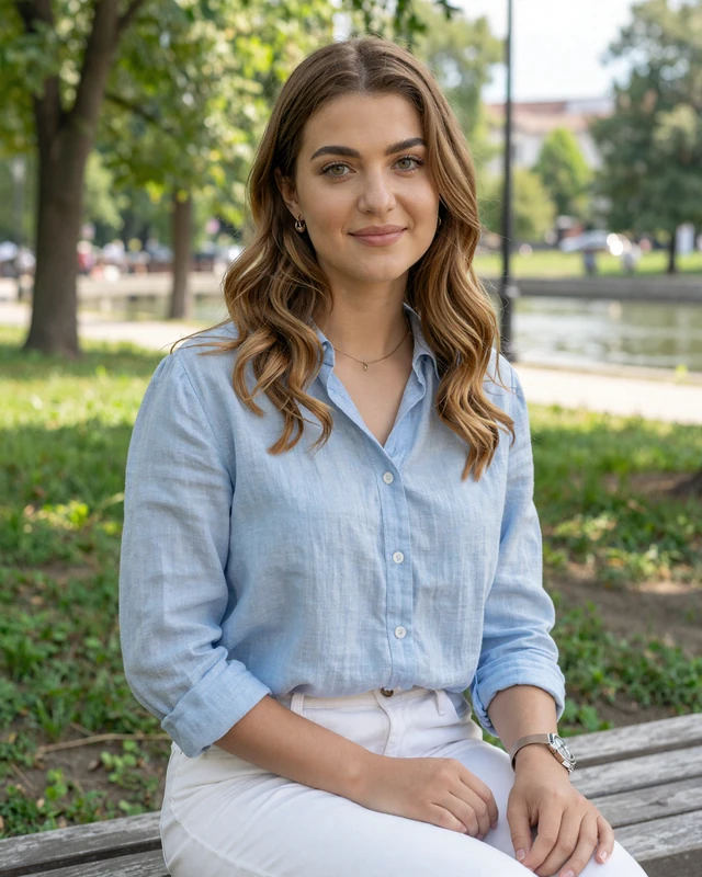 Selma, 24, a Bosnian woman from Banja Luka sitting in a green park