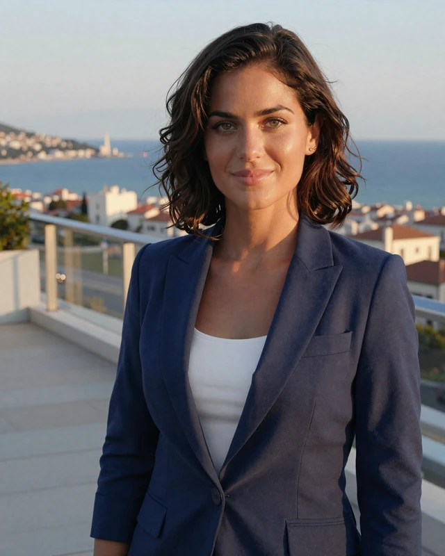 Genta, 32, an Albanian woman from Durrës on a terrace with coastal views