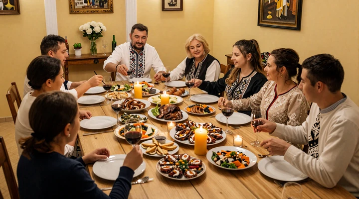 Traditional Serbian slava celebration with family gathered around a table sharing food and wine