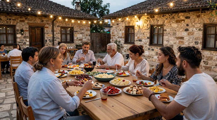 A traditional Macedonian family gathering around a dinner table outdoors, multiple generations sharing food in a warm stone courtyard