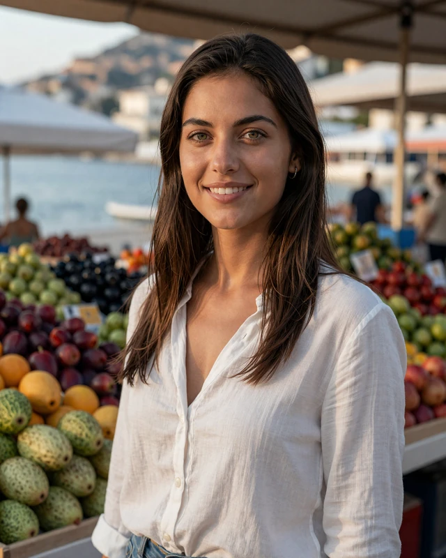 Marta, 26, a Croatian woman from Split at a Mediterranean seaside market