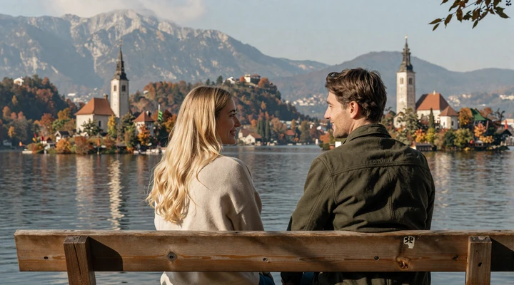 Michael and Anja sitting together overlooking Lake Bled in autumn with Julian Alps in background