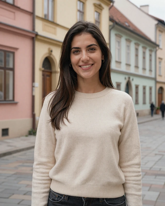Ana, 27, a Croatian woman from Zagreb smiling on a charming city street with pastel buildings