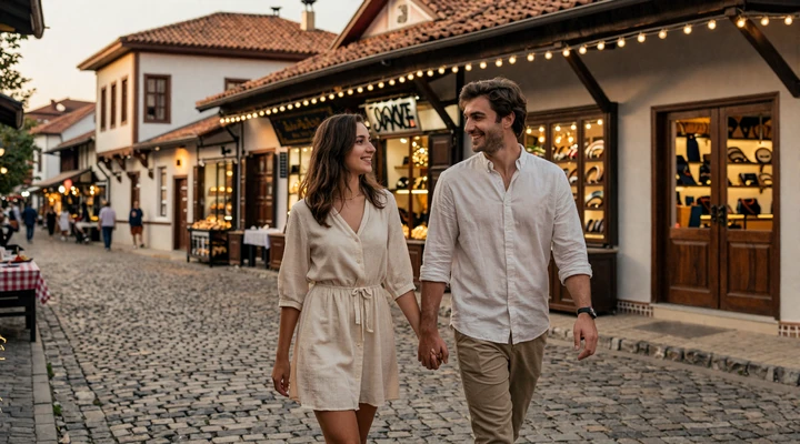 A couple walking through Skopje Old Bazaar at golden hour with Ottoman architecture and warm string lights
