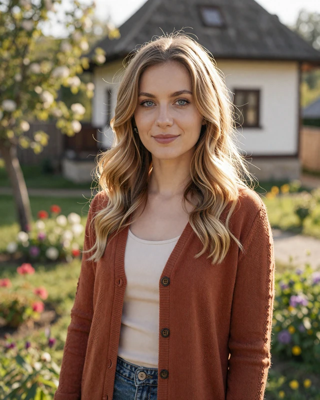 Nevena, 27, from Novi Sad Serbia in a terracotta cardigan standing in a garden with flowers
