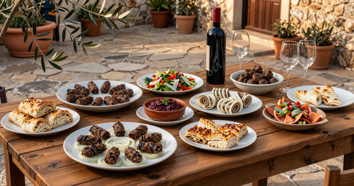 Traditional Balkan food spread including cevapi burek sarma and ajvar on a rustic wooden table with wine