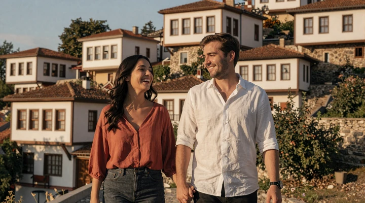 Chris and Elira walking hand in hand through a charming Albanian old town at golden hour