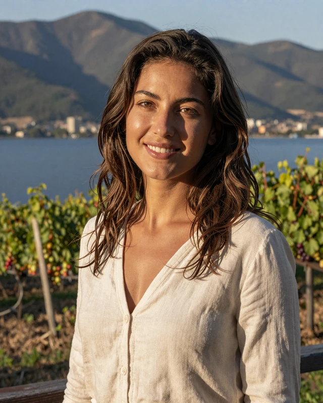 Jovana, 28, a Montenegrin woman from Kotor on a vineyard terrace with mountain views