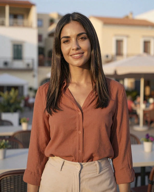 Elira, 28, Albanian woman from Tirana at a Mediterranean cafe terrace