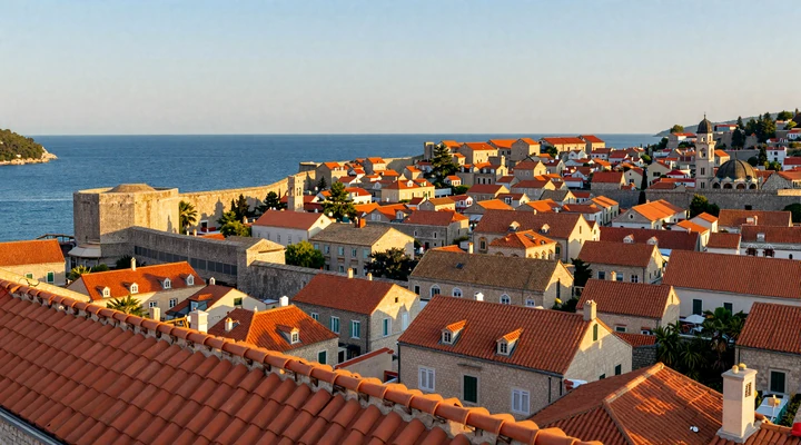 Dubrovnik old town terracotta rooftops overlooking the crystal blue Adriatic Sea at golden hour, a romantic Croatian destination
