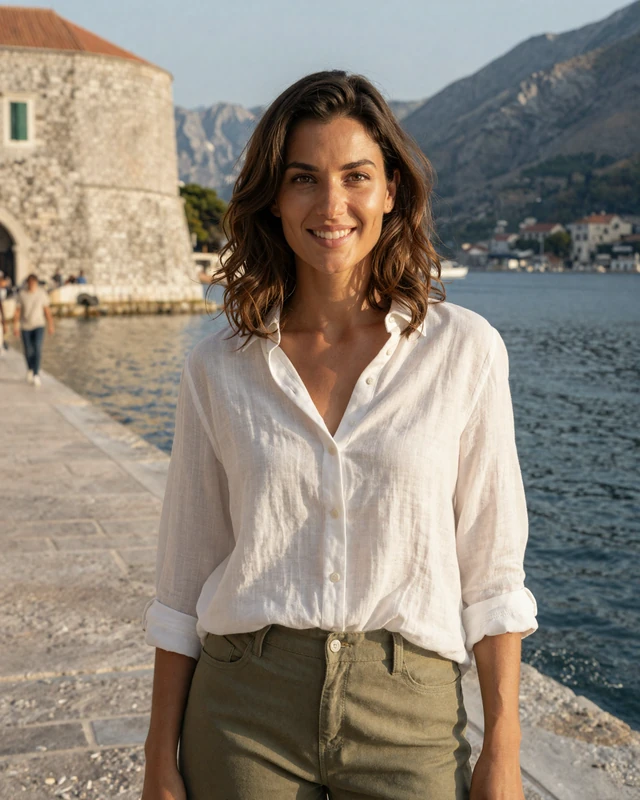 Jovana, 29, from Kotor Montenegro on a waterfront promenade with bay and mountains behind her