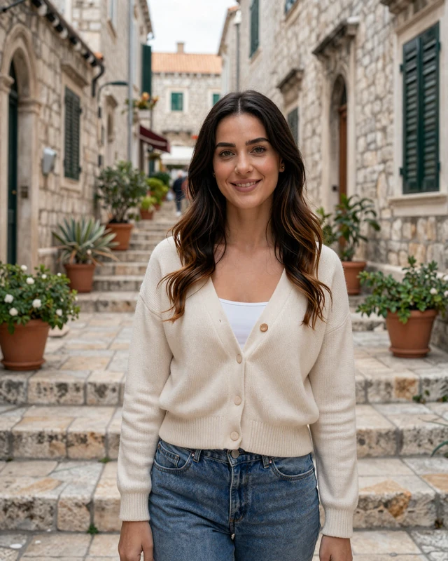 Lucija, 27, from Dubrovnik Croatia standing on a charming stone street in a cream cardigan