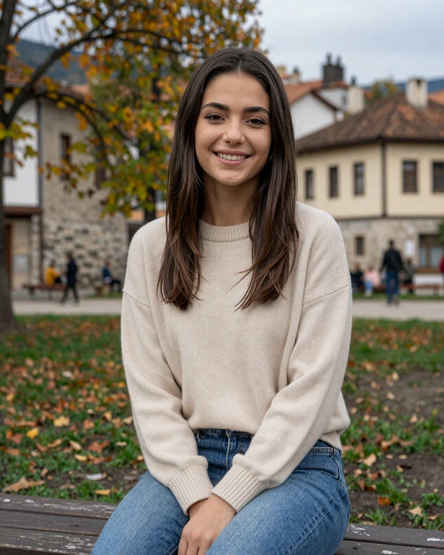 Simona, 24, a Macedonian woman from Prilep sitting in a town park with old stone buildings