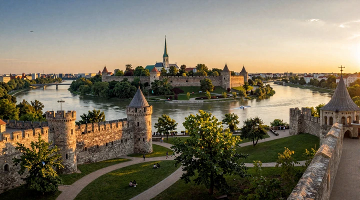Belgrade Kalemegdan fortress at sunset overlooking the Danube and Sava rivers, a romantic Serbian destination