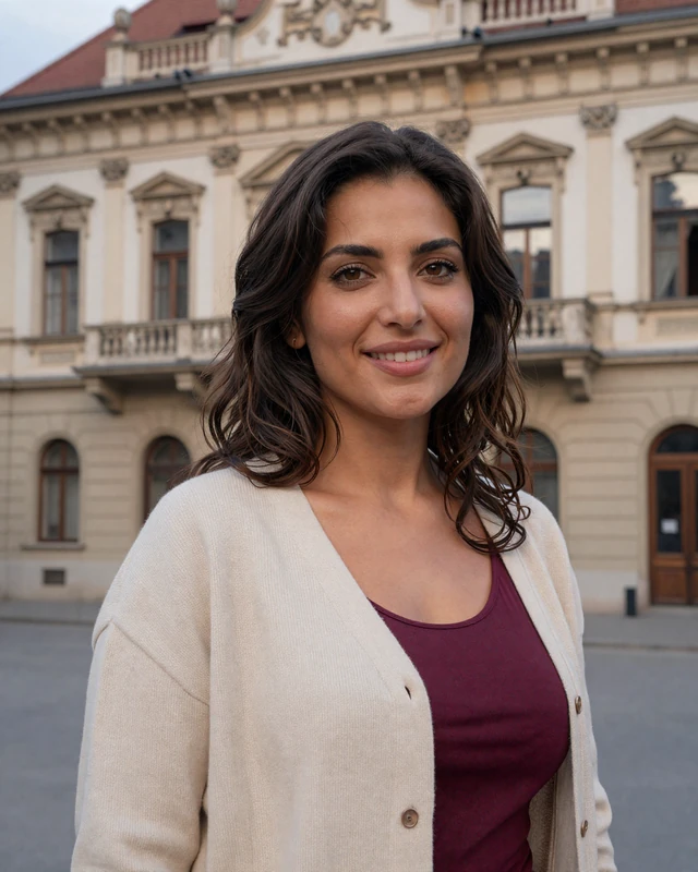 Amra, 30, Bosnian woman in front of a charming Sarajevo building