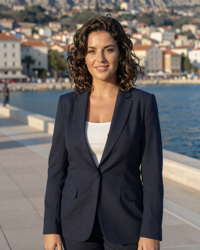 Marija, 33, a Montenegrin woman from Budva on a seaside promenade with blue sea behind