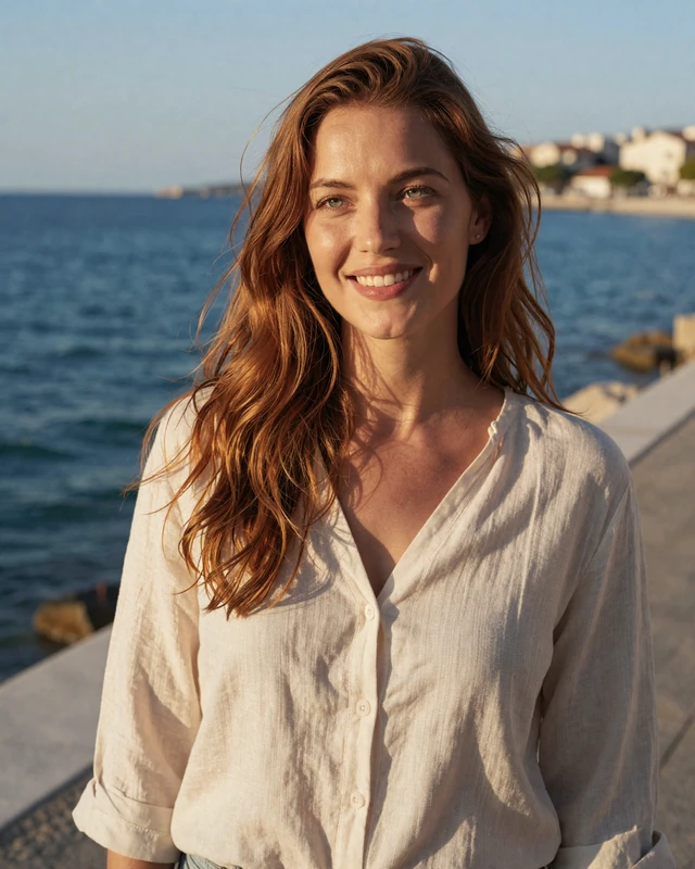 Lucija, 27, from Split Croatia in a cream linen blouse on a seaside promenade at golden hour
