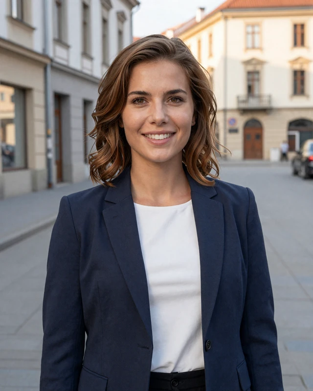 Zala, 34, a Slovenian woman from Maribor on a modern city street with European architecture