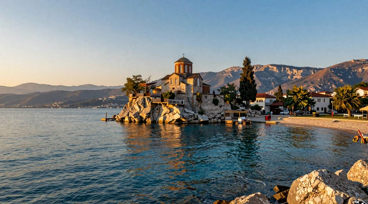 Lake Ohrid, North Macedonia at golden hour with the Church of Saint John at Kaneo perched on a cliff, a UNESCO romantic destination