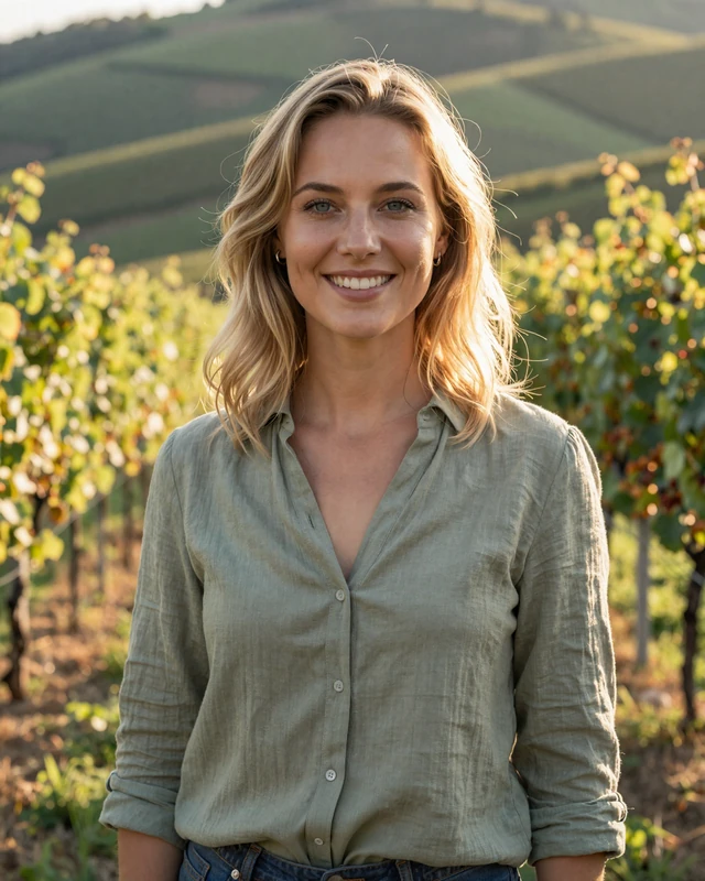 Tina, 29, a Slovenian woman from Ljubljana smiling in a vineyard setting