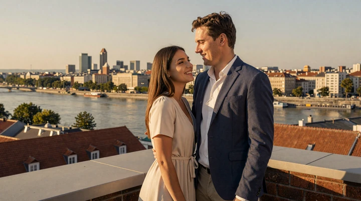James and Ivana smiling on a Belgrade rooftop terrace at golden hour