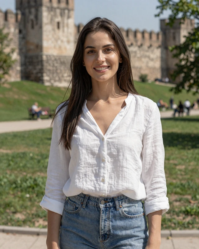 Mina, 23, a Serbian woman from Belgrade smiling in Kalemegdan park