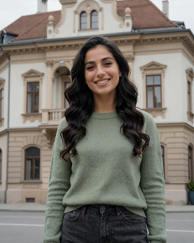 Emina, 26, from Sarajevo Bosnia wearing a sage green sweater in front of Austrian-style building