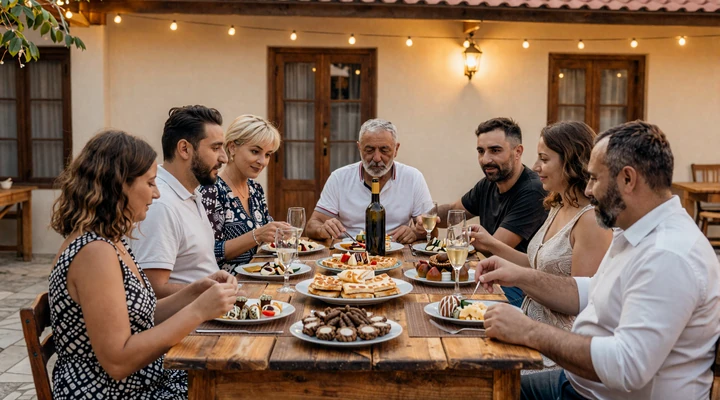 Traditional Balkan family gathering around a dinner table with ćevapi and burek in a warm courtyard