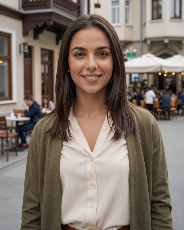 Amra, 26, from Sarajevo Bosnia in a cream blouse and olive cardigan on a charming Ottoman street