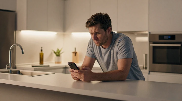 Man looking at his phone cautiously while evaluating an online dating profile at home