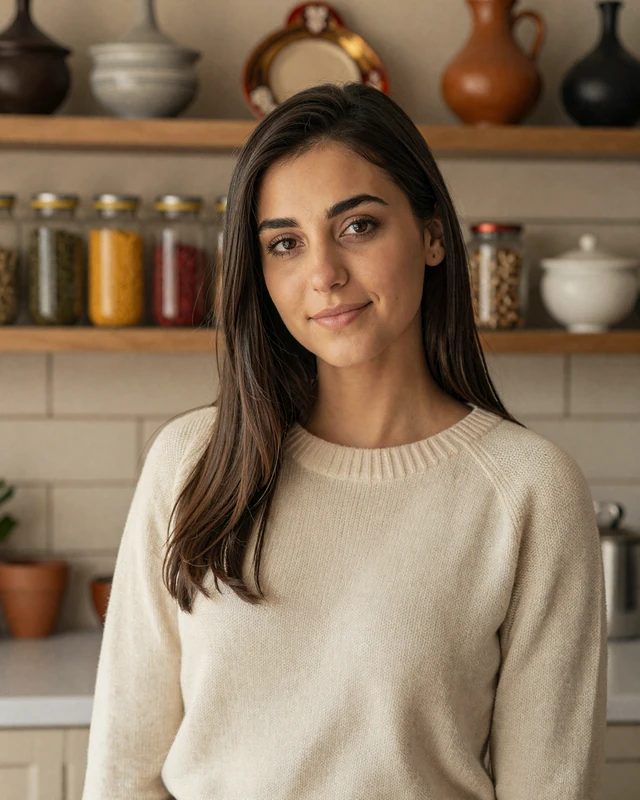 Elira, 24, an Albanian woman from Tirana smiling warmly in a cozy kitchen
