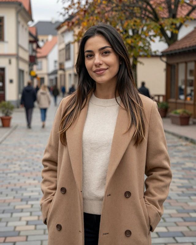 Mimoza, 27, an Albanian woman from Korçë in a charming old town square