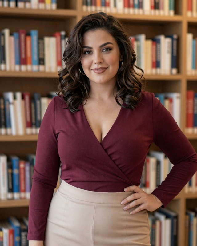 Aldijana, 33, a Bosnian woman from Zenica in a warm library setting