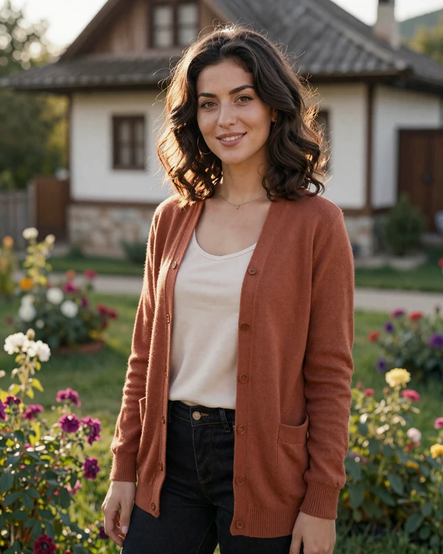 Merima, 28, a Bosnian woman from Banja Luka in a garden near a traditional house