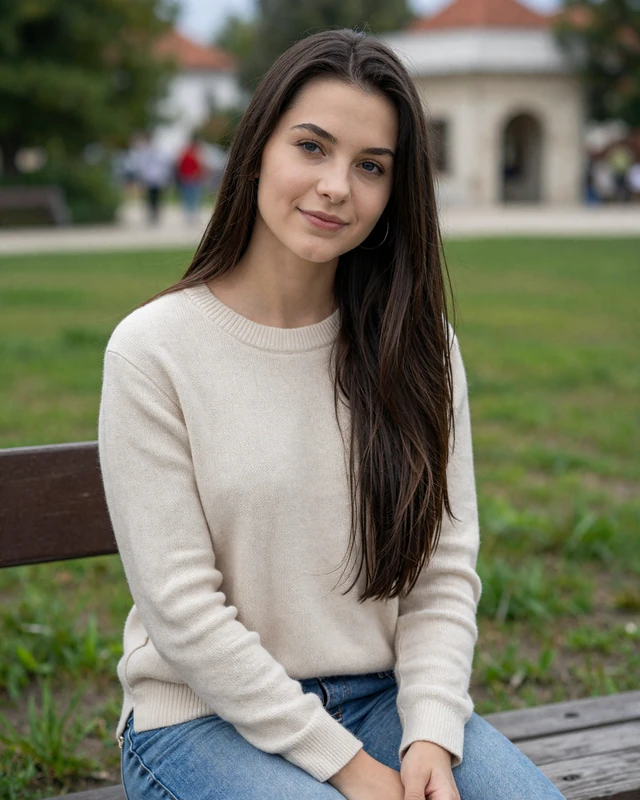 Lara, 24, a Slovenian woman from Ljubljana sitting on a park bench in Tivoli gardens