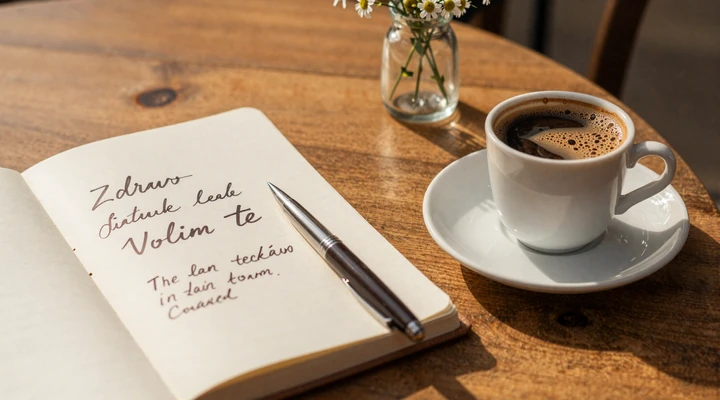 Handwritten Balkan love phrases in a notebook beside Turkish coffee at a charming European cafe