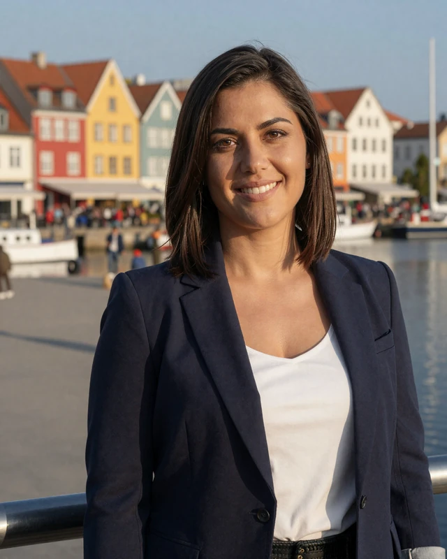 Marta, 33, a Croatian woman from Rijeka on a waterfront promenade with harbor buildings