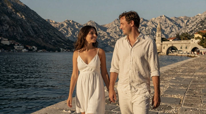 A couple walking along the Kotor Bay waterfront in Montenegro at golden hour with mountains and medieval walls behind them