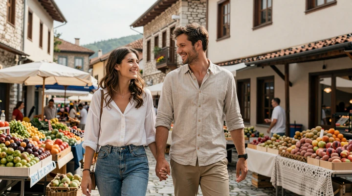 Happy couple exploring a charming Balkan market town hand in hand on a sunny afternoon