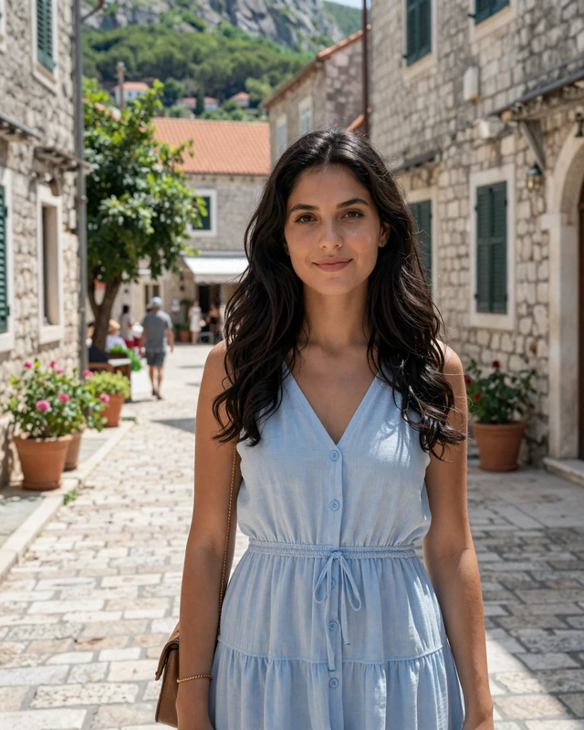 Tamara, 24, a Montenegrin woman from Budva on a charming old town cobblestone street
