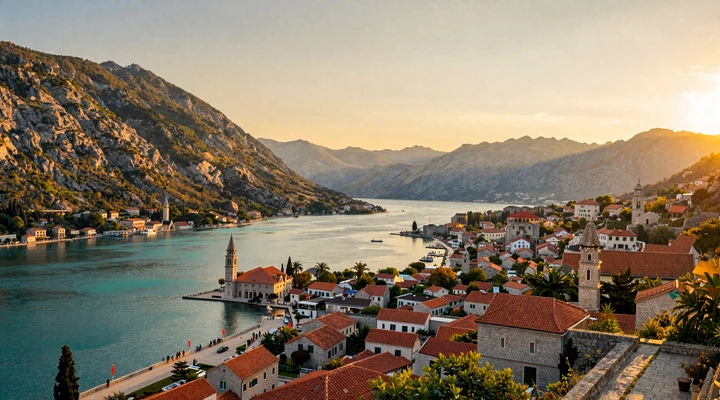 Kotor Bay in Montenegro at golden hour with dramatic mountains, turquoise Adriatic water, and medieval old town rooftops