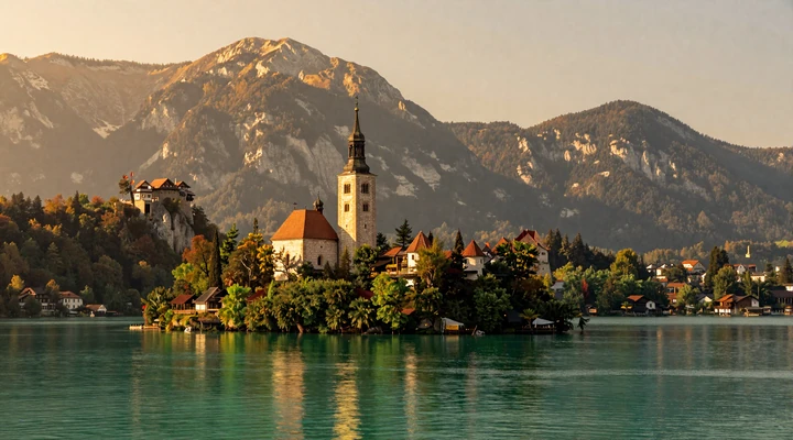 Lake Bled, Slovenia at golden hour with emerald water, island church, and Julian Alps in the background, a romantic destination for couples