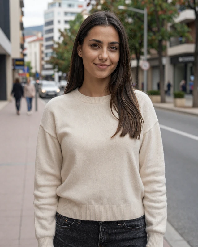 Milena, 26-year-old Montenegrin woman with dark brown hair on a city street in Podgorica