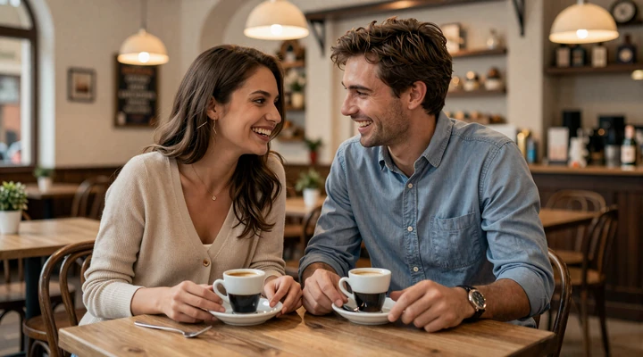 American man and Balkan woman enjoying coffee together at a cozy European café