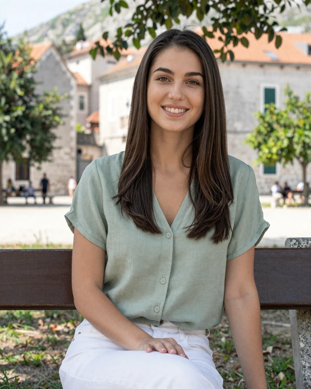Nikolina, 23, a Montenegrin woman from Nikšić sitting in a park with stone buildings behind