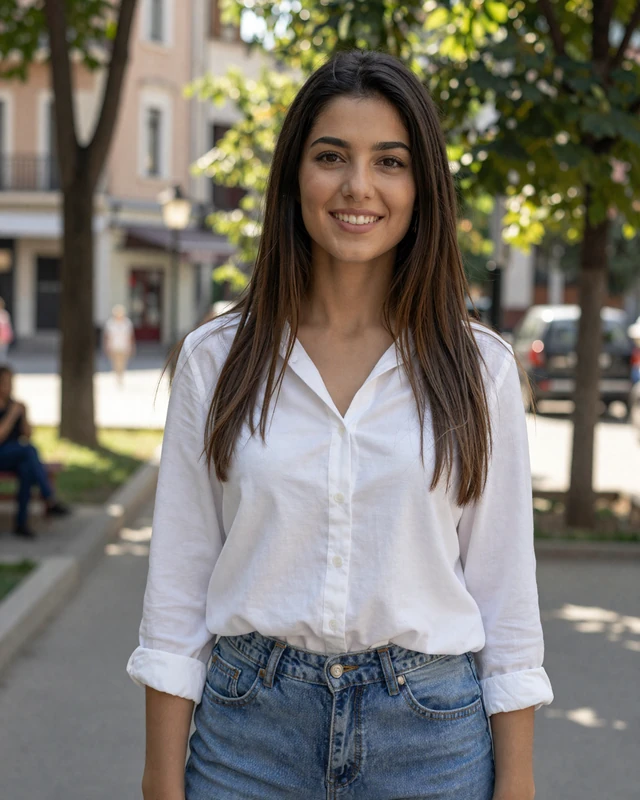 Elona, 25, an Albanian woman from Tirana smiling in a city park