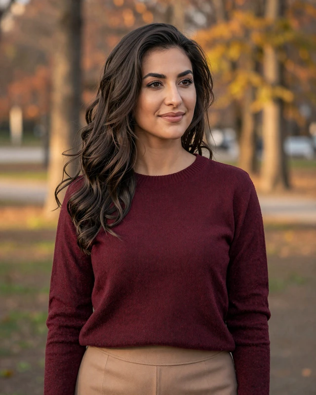 Marija, 29, Macedonian woman in a Skopje park with autumn foliage