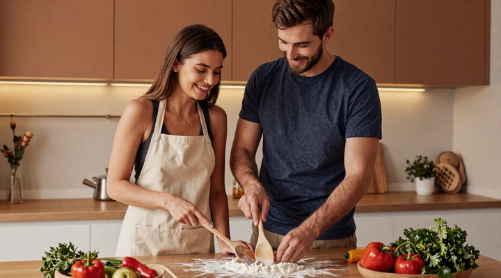 Young couple cooking Balkan food together in a warm modern kitchen laughing and enjoying the experience